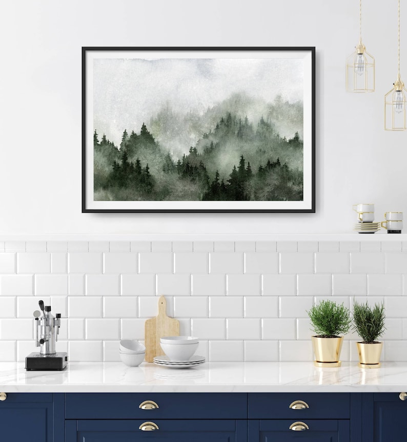 May include: A watercolour painting of a misty forest scene with dark green trees and a light grey background.