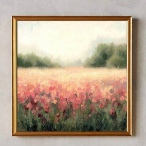 May include: A framed painting of a field of pink flowers with a blurred background of green trees and a light blue sky.