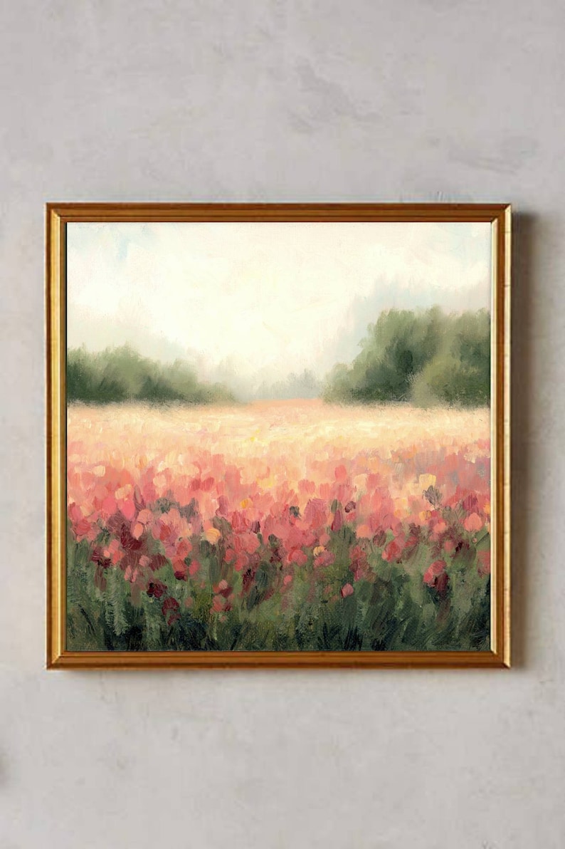 May include: A framed painting of a field of pink flowers with a blurred background of green trees and a light blue sky.