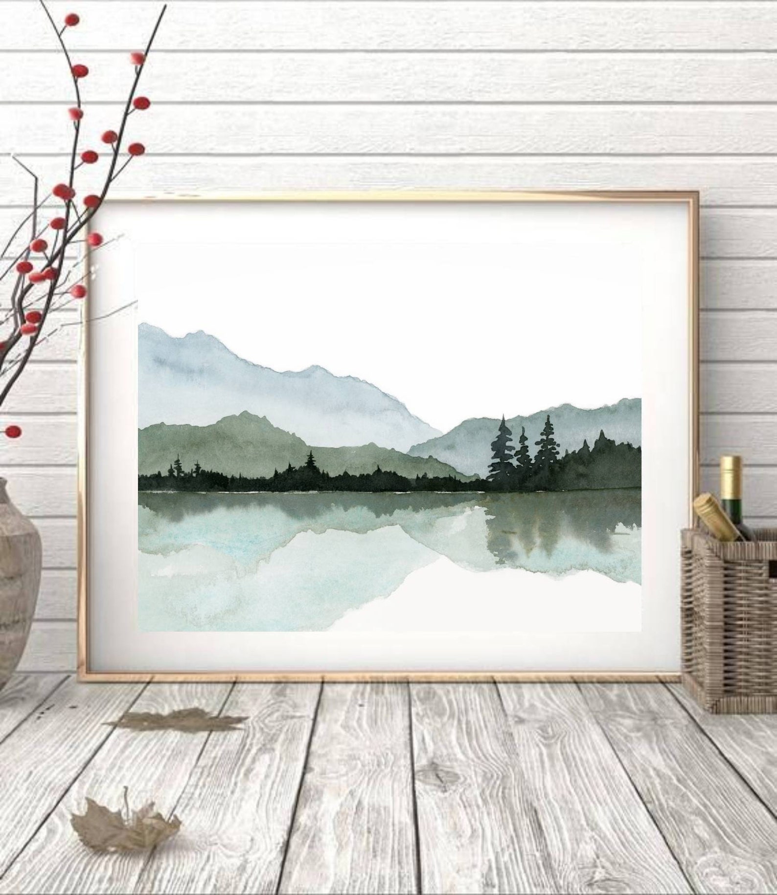 Watercolor Painting Mountain Lake Large Minimalist Wall Art Pine Forest ...