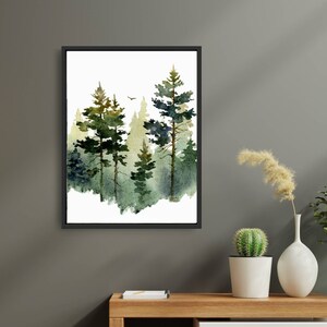 Pine Tree Wall Art Teal Forest Watercolor Painting Abstract Landscape ...