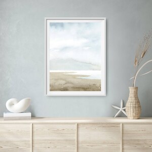 Sea Landscape watercolor painting sea coast wall art coastal home decor light blue beige fine art print minimalist wall art image 2