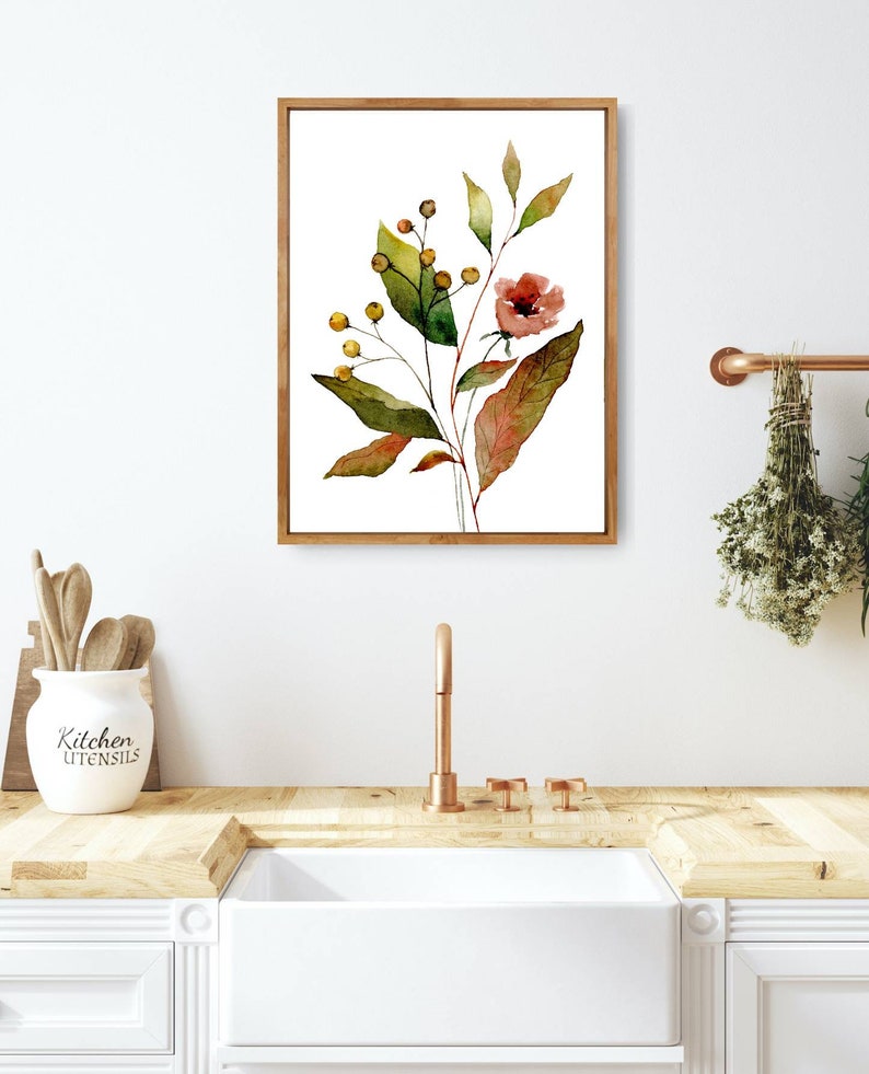 Large Floral Wall Art Red Green Flowers and Leaves Watercolor Print ...