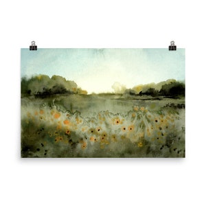 May include: A watercolor painting of a field of yellow wildflowers in front of a green forest with a blue sky and white clouds in the background.