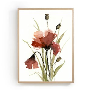 Aquarellbild rote Mohnblumen Kunstdruck Blumen Bilder Wildblumen Poster Bilder Wohnzimmer abstrakte Kunst Feld Blumen Malerei