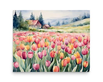 チューリップ畑の風景画アートプリント写真春の水彩画森の小屋カラフル