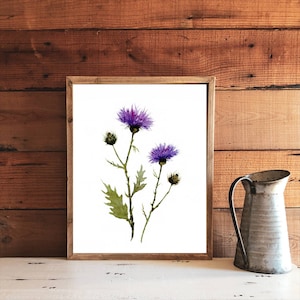 May include: A framed watercolor print featuring purple thistle flowers with green leaves and stems. The artwork is set against a white background and framed in a light brown wooden frame. A rustic metal pitcher sits to the right of the frame.