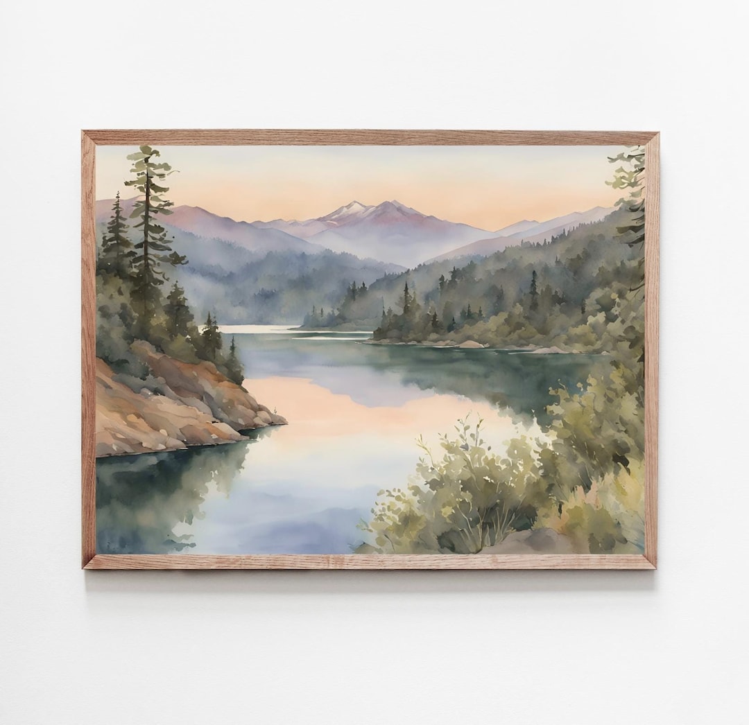 Sunset Lake Tahoe Painting Mountain Watercolor Art Print Pine Trees ...