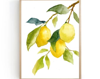 Lemon painting watercolor print botanical art print kitchen wall decor lemon branch poster yellow green wall art lemons home decor