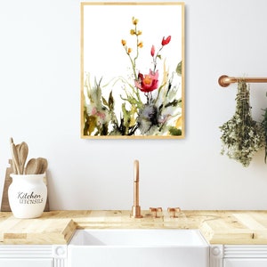 Wildflower print, botanical art print, wildflowers painting, red yellow flowers, wall decor floral, flowers abstract painting, poster image 3