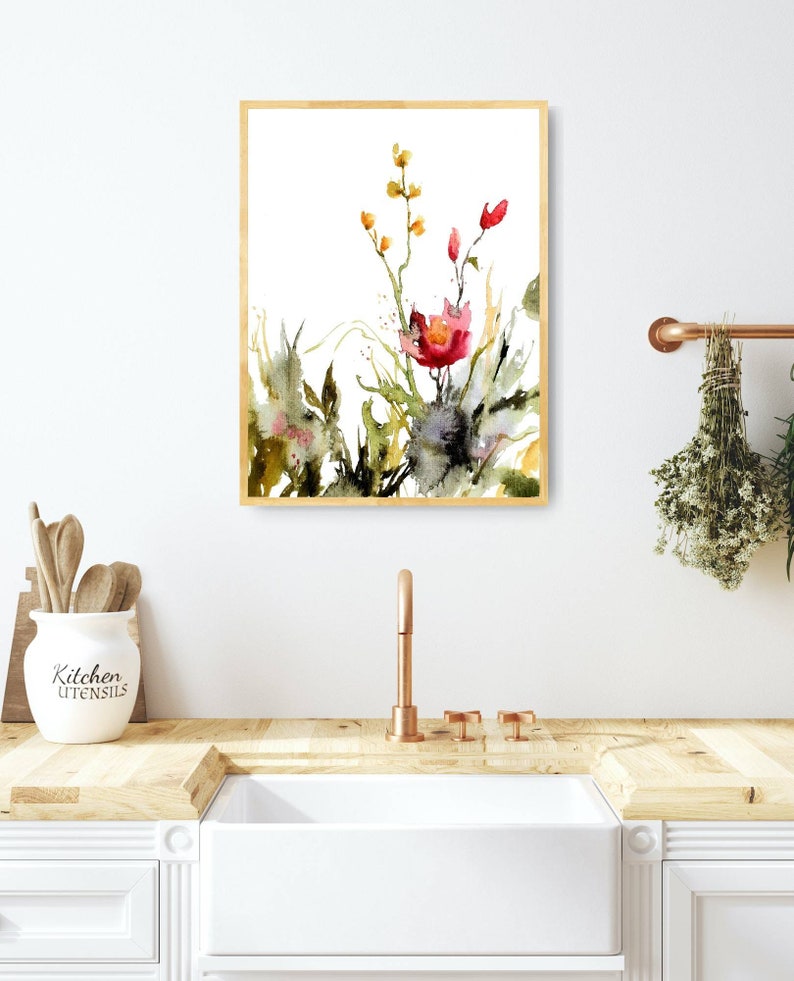 Wildflower print, botanical art print, wildflowers painting, red yellow flowers, wall decor floral, flowers abstract painting, poster image 3