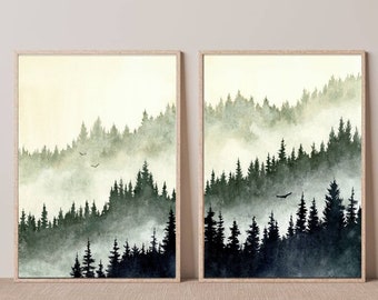 Forest print set of 2 pine tree wall art foggy forest watercolor painting minimalist wall art panoramic landscape beige green wall decor