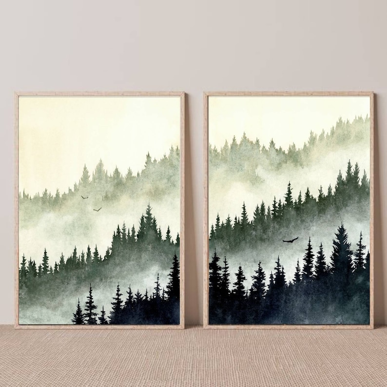 Forest Print Set of 2 Pine Tree Wall Art Foggy Forest Watercolor ...