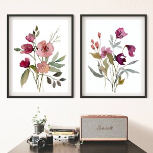 Large Floral Wall Art Set of 2 Wildflowers Watercolor Painting Pink ...
