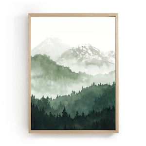 Aquarellbilder Landschaft Berge Malerei Waldlandschaft Kunstdruck große Wandkunst Tannenwald moderne Kunst grau grün Poster XXL