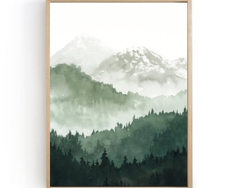 Pine forest watercolor painting mountain wall art large neutral landscape teal forest print misty mountains poster wanderlust print