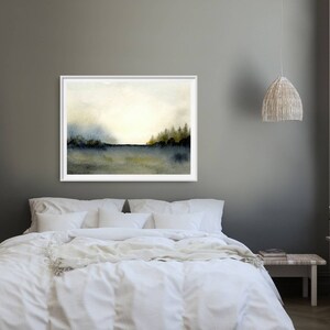 Misty forest print watercolor pine tree wall art watercolor landscape painting large neutral wall decor dark forest painting blue beige image 3