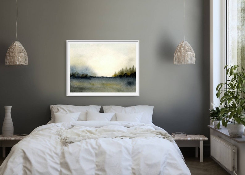 Misty forest print watercolor pine tree wall art watercolor landscape painting large neutral wall decor dark forest painting blue beige image 3