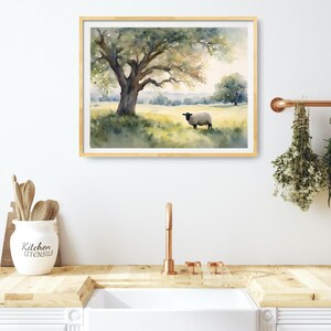 Sheep Painting Oak Tree Watercolor Art Print Summer Field Large Wall ...