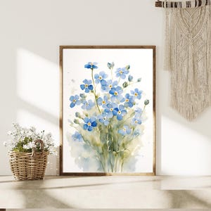May include: A watercolour painting of a bunch of blue forget-me-not flowers. The flowers are painted in a realistic style with delicate details. The background is a soft, watercolour wash of blue and green.