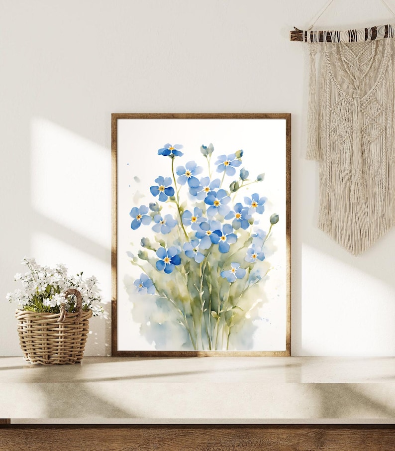 May include: A watercolour painting of a bunch of blue forget-me-not flowers. The flowers are painted in a realistic style with delicate details. The background is a soft, watercolour wash of blue and green.