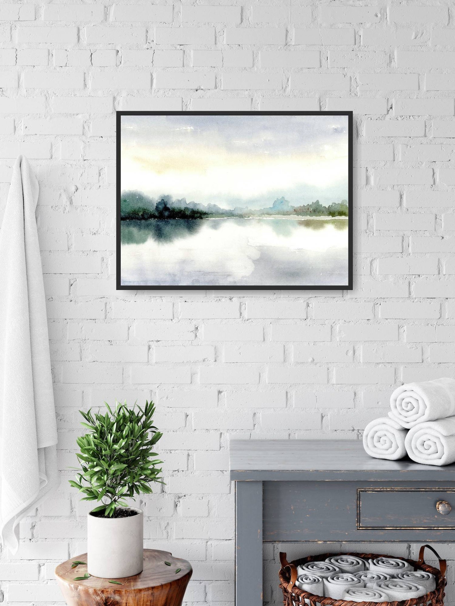 Watercolor Light Blue Landscape Art Print Misty Lake Art Work - Etsy