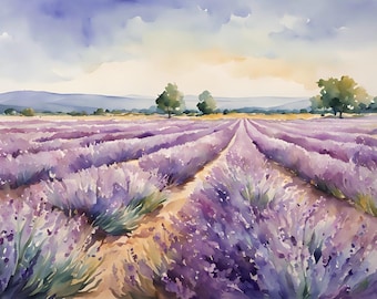 Lavender Field Print French Countryside Wall Art Provence Landscape Painting Watercolor Art Prints Spring Wall Decor Flowers Artwork