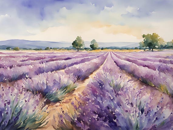 Lavendel Feld Frankreich Landschaft Bilder Aquarell Provence Blumen Felder Malerei Aquarellbilder Druck großer Wand Poster moderne Kunst