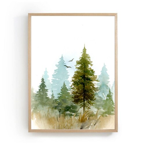 Pine Tree Painting Dark Green Wall Art Pine Forest Painting Etsy