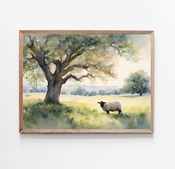 野原の羊の絵画水彩写真オークアートプリント夏の風景水彩写真プリント
