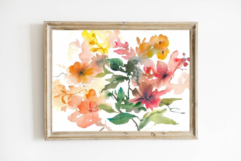 Large floral art print watercolor painting abstract wildflowers poster pink red yellow flowers bloom wall art image 1