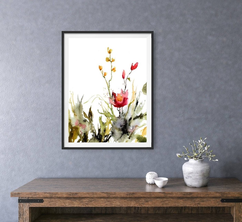 Wildflower print, botanical art print, wildflowers painting, red yellow flowers, wall decor floral, flowers abstract painting, poster image 7