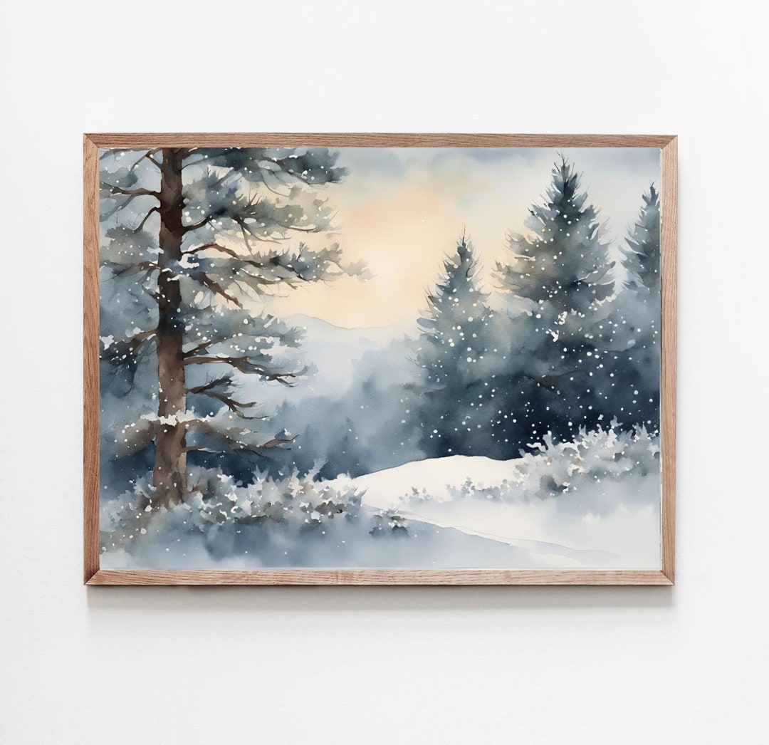 Snowy Pine Tree Print Mountain Forest Wall Art Winter Landscape ...