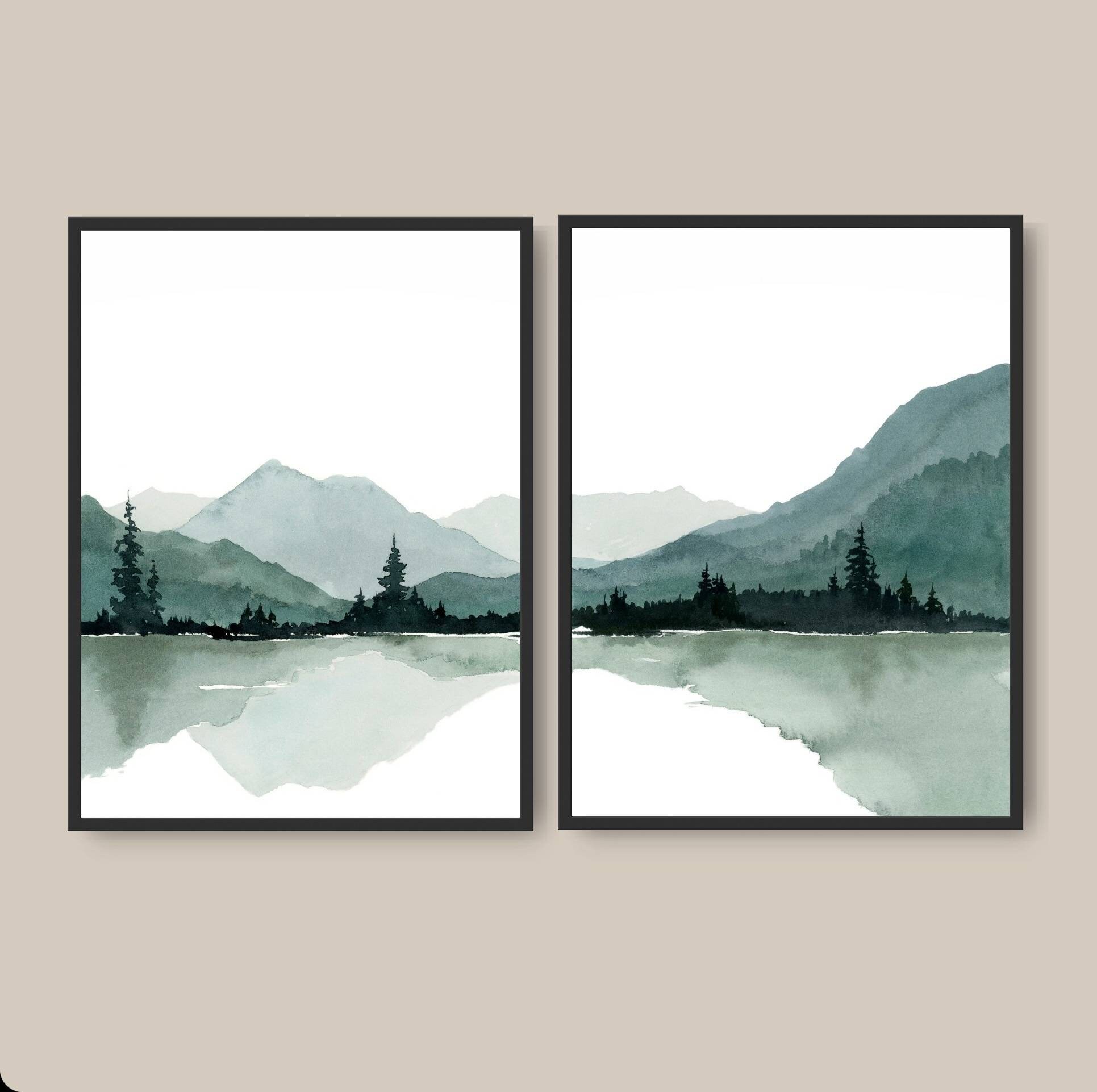 Set of 2 Mountain Lake Watercolor Large Minimalist Art Print - Etsy