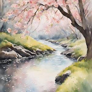 Paesaggio primaverile Albero in fiore Dipinto Acquerelli Dipinti Stampa artistica Decorazione primaverile Regalo di Pasqua Immagini Soggiorno