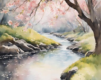 May include: Watercolor painting of a river flowing through a forest with a cherry blossom tree in bloom. The river is surrounded by green grass and rocks. Pink blossoms fall from the tree and float on the water.