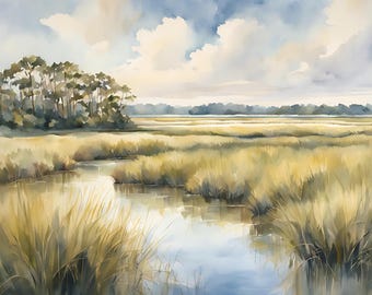 Marsh Painting Charleston Lowcountry Watercolor Art Print Landscape Wall Art Salt Marsh Artwork Green Beige Poster