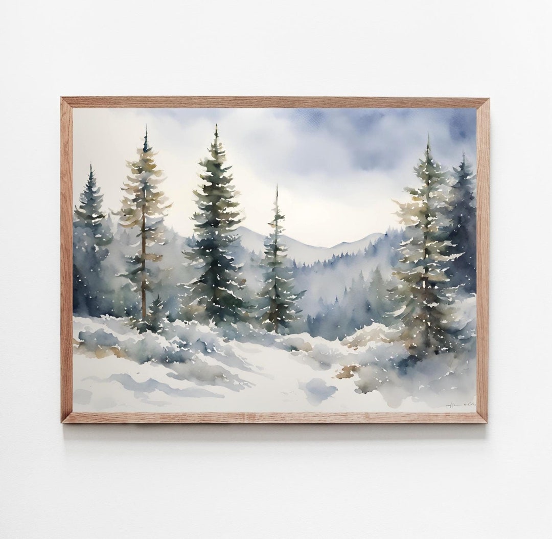 Pine Trees Watercolor Snow Landscape Art Prints Mountain Forest ...