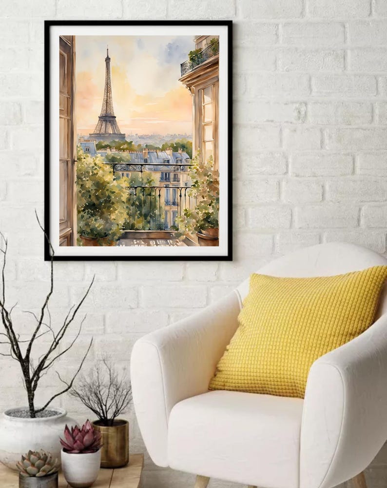 K&ouml;nnte beinhalten: Ein Aquarellgem&auml;lde eines Blicks von einem Balkon in Paris, Frankreich. Der Eiffelturm ist in der Ferne sichtbar, und der Balkon ist mit Pflanzen geschm&uuml;ckt. Das Gem&auml;lde ist in Schwarz gerahmt.