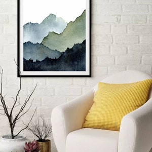 Aquarell Landschaft Berge Malerei abstrakte Kunst Bilder Wohnzimmer vertikal nebeliger Wald Kunstdruck minimalistisch blau grün Poster XXL Bild 3