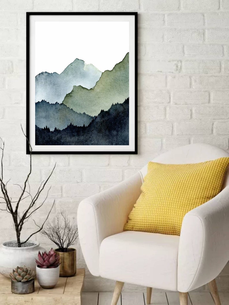 Aquarell Landschaft Berge Malerei abstrakte Kunst Bilder Wohnzimmer vertikal nebeliger Wald Kunstdruck minimalistisch blau grün Poster XXL Bild 3