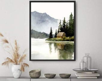 山小屋の絵、森の湖の水彩画、抽象的な風景画、アートプリントの写真