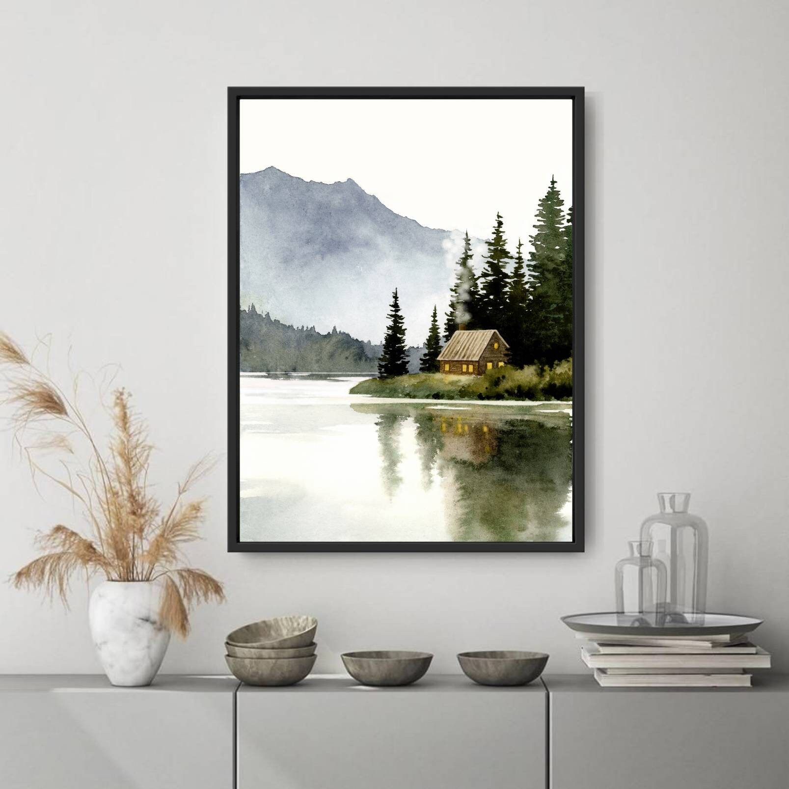 山小屋の絵、森の湖の水彩画、抽象的な風景画、アートプリントの写真