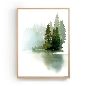 Pine forest poster abstract landscape watercolor art print pine trees ever green forest art, dark green wall art large watercolor art print