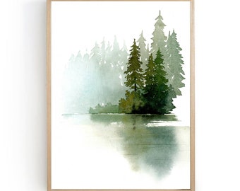 Pine forest poster abstract landscape watercolor art print pine trees ever green forest art, dark green wall art large watercolor art print