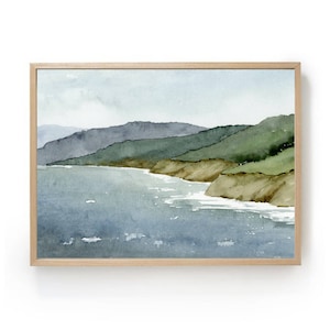 Sea painting watercolor large minimalist art print Island coast wall art panorama seascape