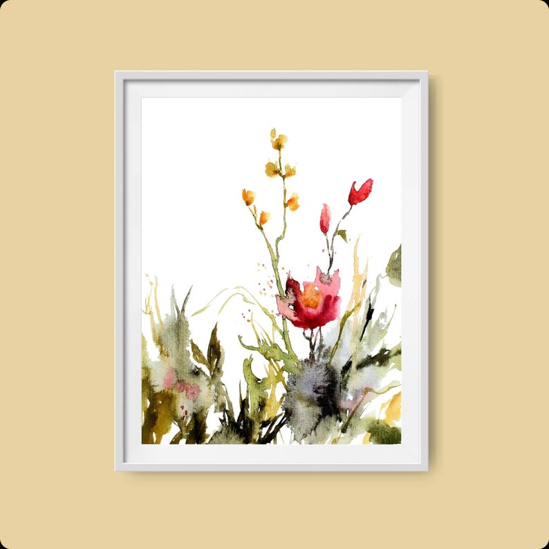 Wildflower print, botanical art print, wildflowers painting, red yellow flowers, wall decor floral, flowers abstract painting, poster image 10