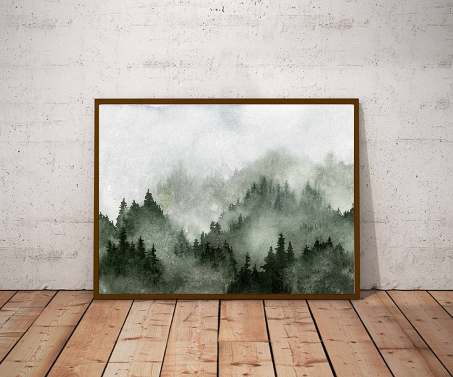 Large Pine Tree Wall Art Misty Forest Print Panoramic Landscape Teal ...