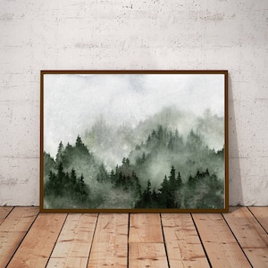 May include: A watercolour painting of a misty forest scene with green trees and a white background.