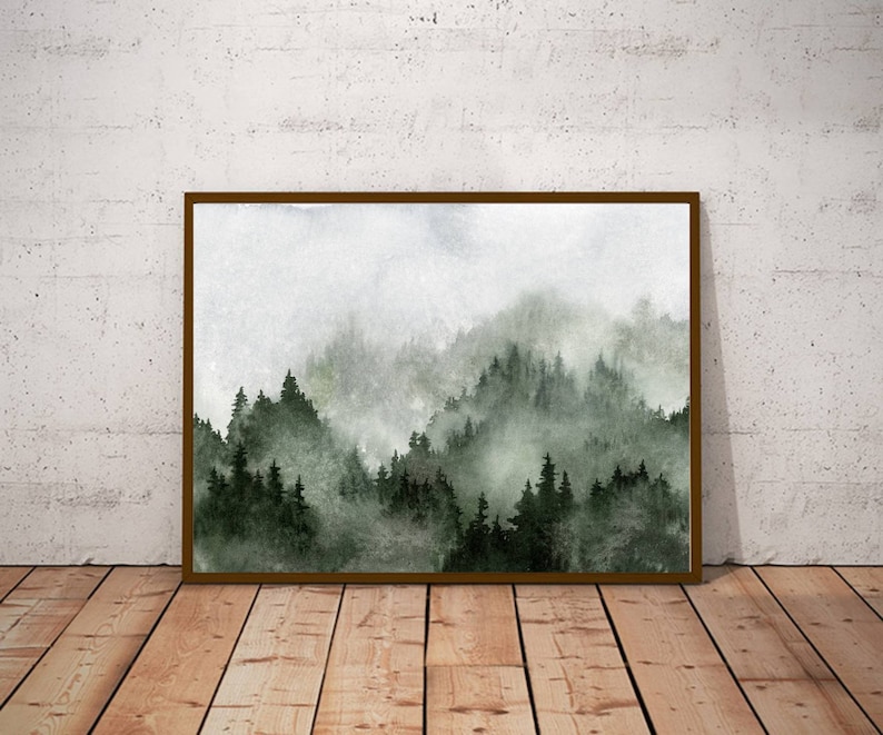 May include: A watercolour painting of a misty forest scene with green trees and a white background.